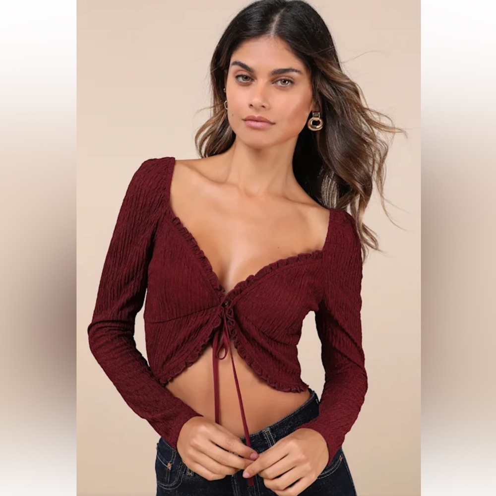 Lulu's Red Long Sleeve Crop Blouse with Tie Front